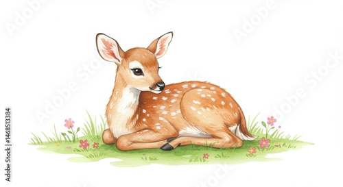 Adorable Watercolor Fawn Resting in a Meadow of Flowers Charming Animal Illustration Perfect for Children's Decor and Springtime Projects Tender Deer Image and Artistic Composition