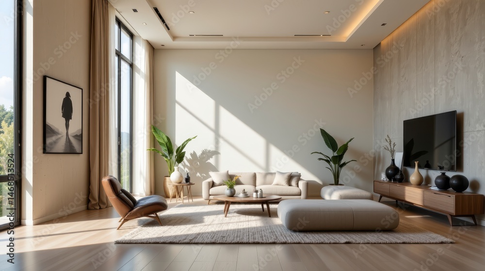 Fototapeta premium Cozy modern living room with natural lighting, stylish furniture, and minimalistic decor for contemporary home design inspiration