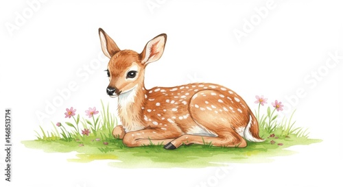 Adorable watercolor illustration of a baby deer fawn lying in a grassy field with delicate pink flowers, perfect for children's books and springtime designs, evoking innocence and charm