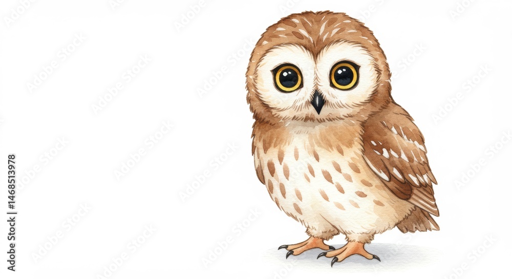 Naklejka premium Adorable watercolor illustration of a cute owl with big eyes on white background perfect for children's book, greeting card, nursery art and educational materials