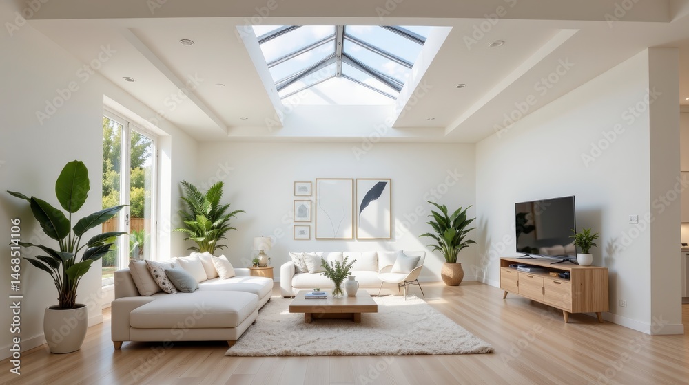 Fototapeta premium Bright and Airy Modern Living Room with Skylight and Green Plants Showcasing Contemporary Design Aesthetic
