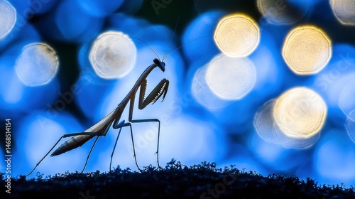 A praying mantis silhouetted against a backdrop of colorful bokeh lights, creating a serene night scene