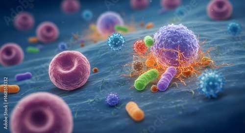 Microscopic View of Colorful Bacteria and Viruses Interacting in a Biological Environment