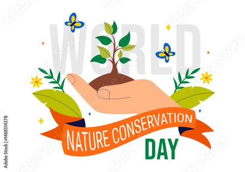 World Nature Conservation Day Vector Illustration featuring a World Map, Tree, and Eco Friendly Ecology and Environmental Preservation in a Background
