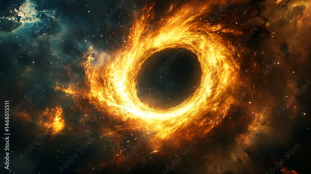 Fiery cosmic ring encircles a void in space. Fiery cosmic ring encircles a void in space.