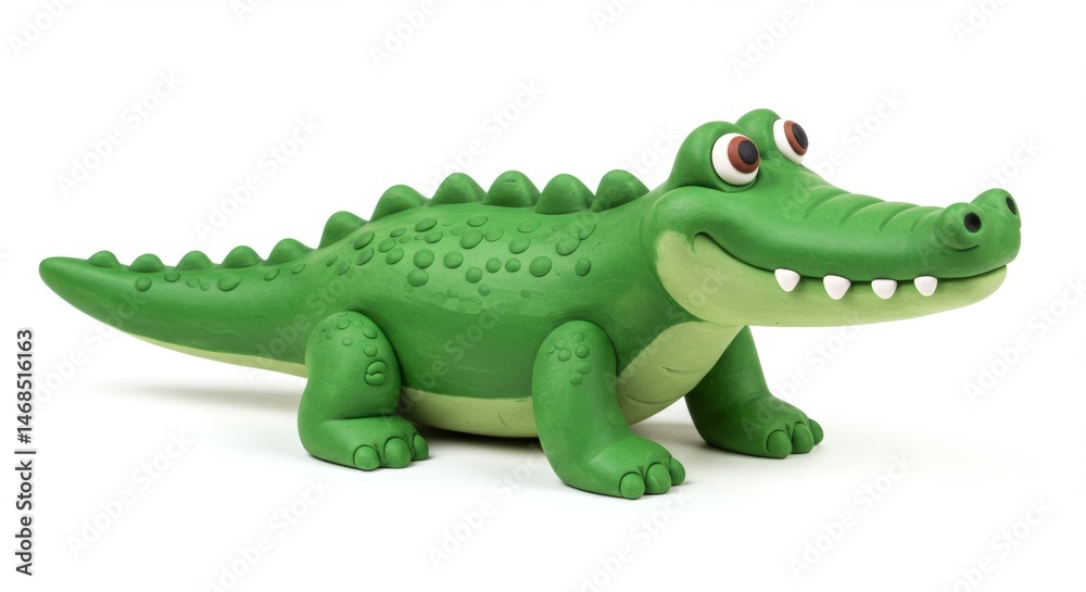 Fototapeta premium Cartoon Crocodile Figure Isolated on White Background Depicts a Friendly Green Alligator Created from Clay, Perfect for Children's Illustrations and Educational Materials