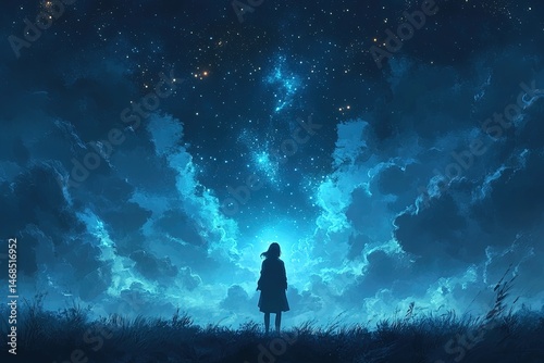 Silhouette figure gazing at a vibrant night sky