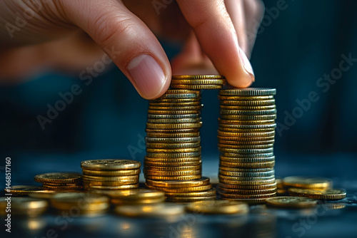 Hands carefully stack golden coins into tall towers.