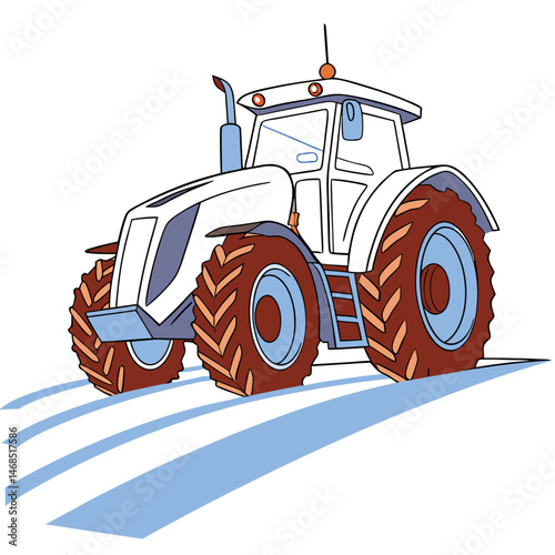 A cartoon illustration of a white tractor with brown tires on a white background