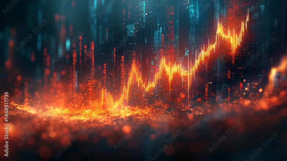 Abstract digital chart rising through a fiery landscape. Abstract digital chart rising through a fiery landscape.