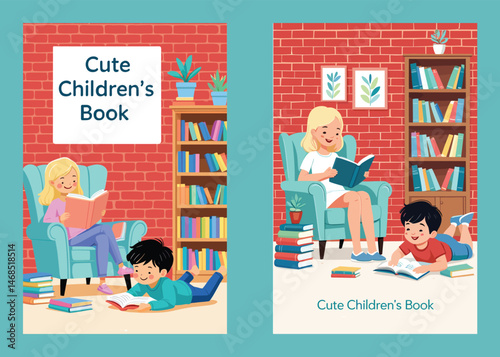 Children Reading Books Together In A Cozy Room Illustration