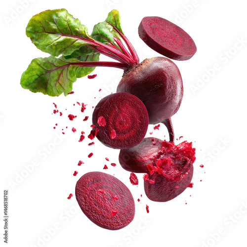 Flying Red Beetroot And Half Slices  isolated on a transparent background