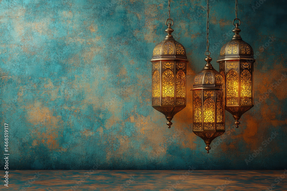 Fototapeta premium hanging lamps against a blue wall.