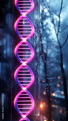 Neon DNA Helix Illuminating a Rainy Urban Nightscape