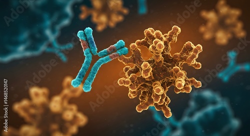 Illustration of Antibody Binding to Virus Particle Under Microscope with Vibrant Colors