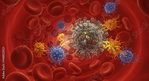 Illustration Of Immune Response To Virus Inside Bloodstream With Red Blood Cells And Antibodies