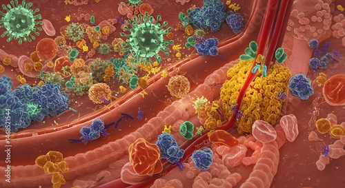 Microscopic View of Cells and Viruses Interacting within Human Bloodstream Environment