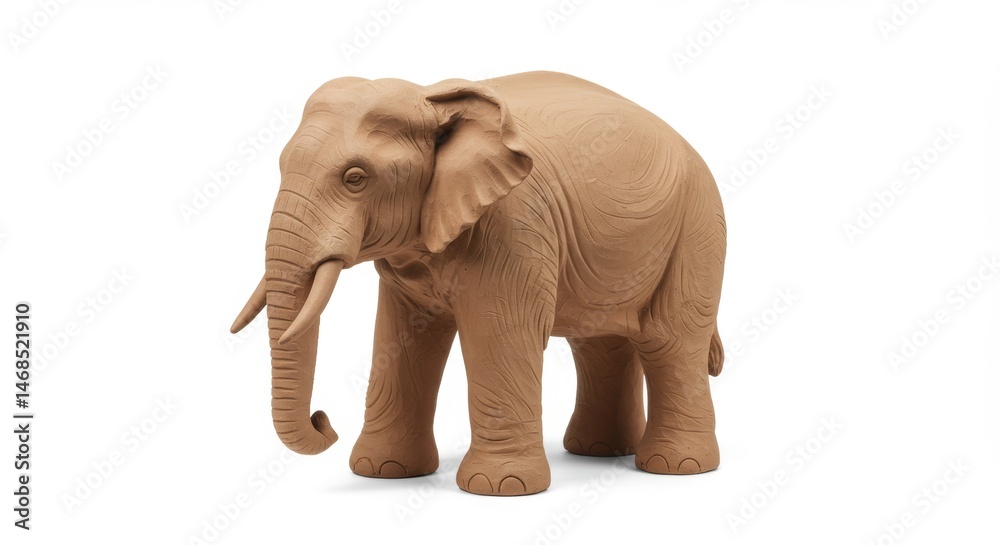 Obraz premium Detailed clay sculpture of an Asian elephant standing gracefully against a bright white backdrop showcasing texture, form, and artistic craftsmanship for animal lovers and art collectors.