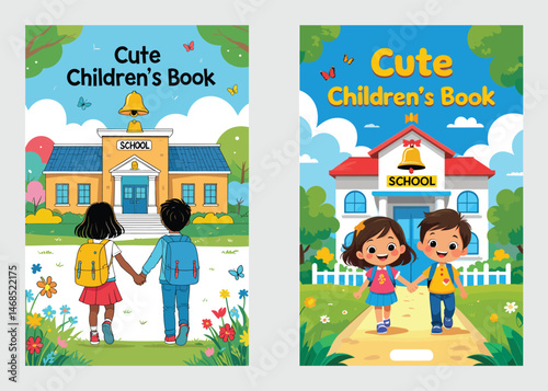 Cute Kids Going To School Cartoon Illustration Vector Design