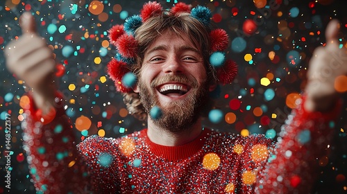 An absurdly ugly Christmas sweater with fluffy pompoms and a scattering of sequins,party outfit,  HD 8K eid ul azha wallpaper Photographic Image photo