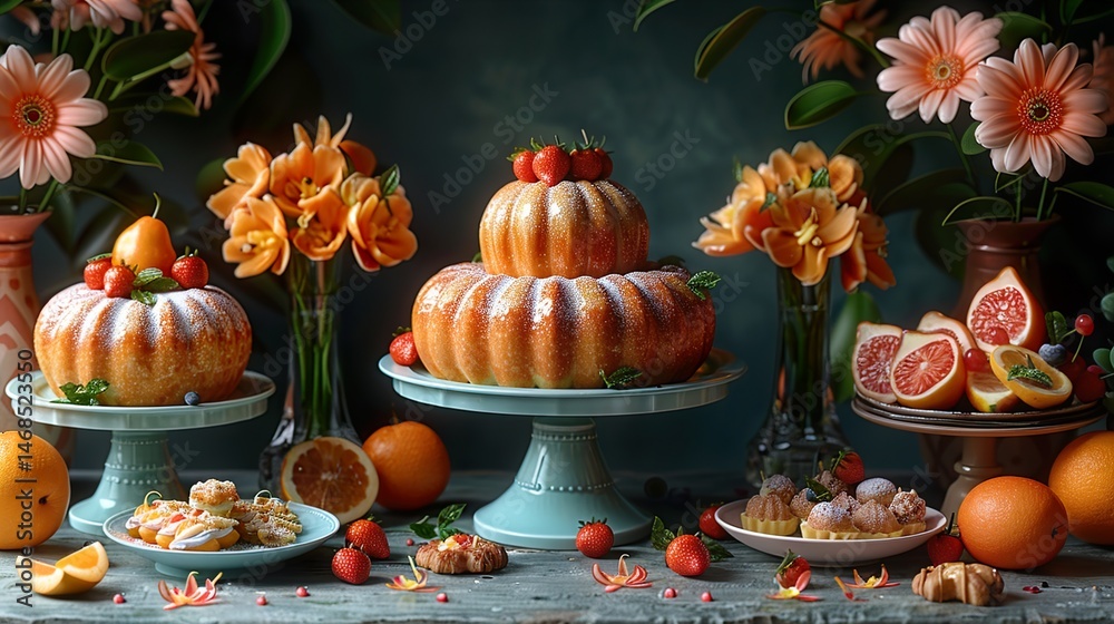 An enticing display of assorted foods including fruits, pastries, and appetizers artistically arranged for a vibrant gathering. HD 8K eid ul azha wallpaper Photographic Image An enticing display of assorted foods including fruits, pastries, and appetizers artistically arranged for a vibrant gathering. HD 8K eid ul azha wallpaper Photographic Image
