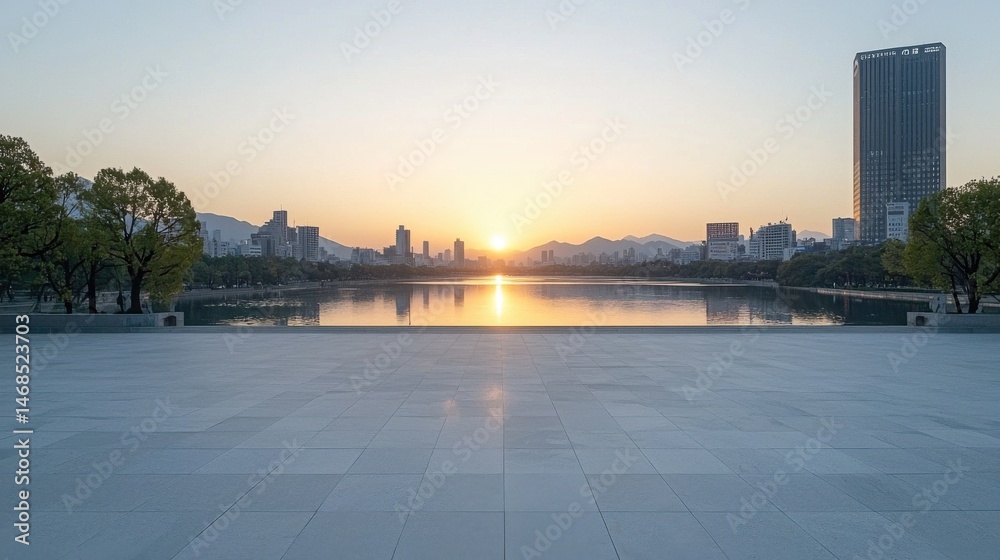 Obraz premium Majestic skyscrapers and modern architecture reflected in the calm waters of a lake set against the backdrop of a picturesque sunset over the city