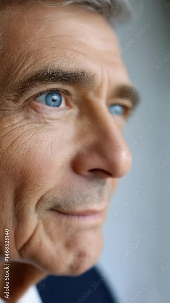Close-up portrait of mature man with bright blue eyes looking into the distance with thoughtful expression and wrinkled skin, macro detail Close-up portrait of mature man with bright blue eyes looking into the distance with thoughtful expression and wrinkled skin, macro detail