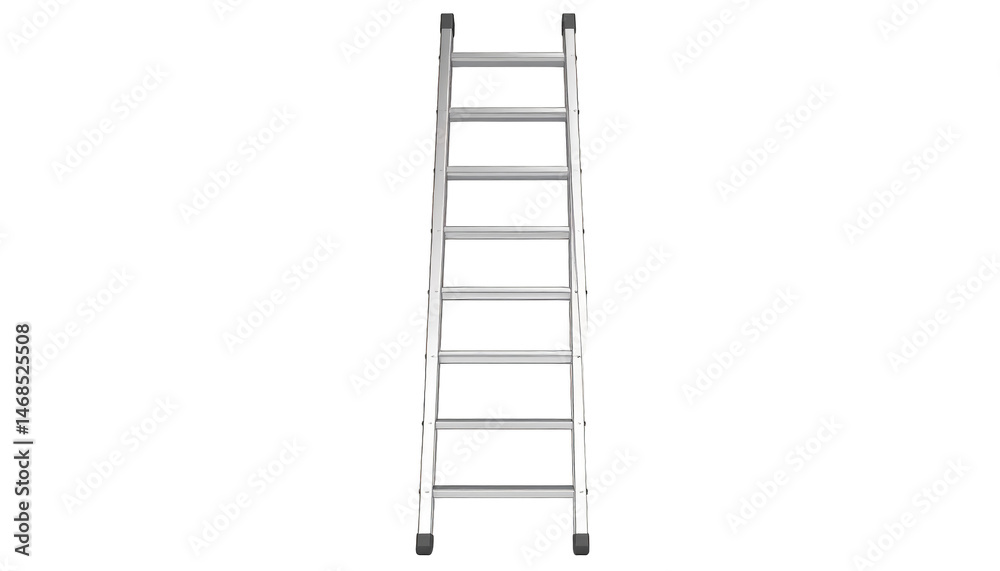A silver aluminum single ladder with eight rungs stands vertically against a white background. A silver aluminum single ladder with eight rungs stands vertically against a white background.