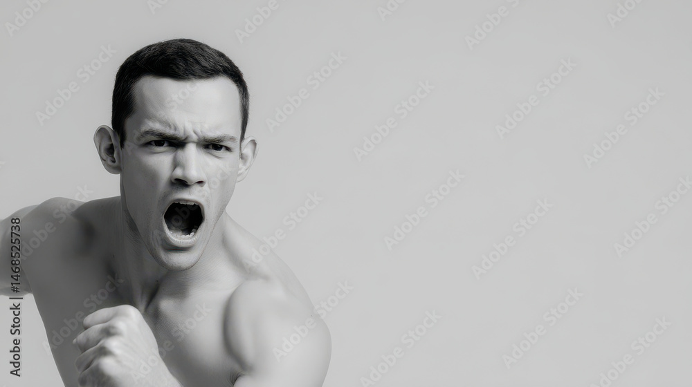 Fototapeta premium dynamic portrait of kickboxer surprised expression positioned on left side of frame