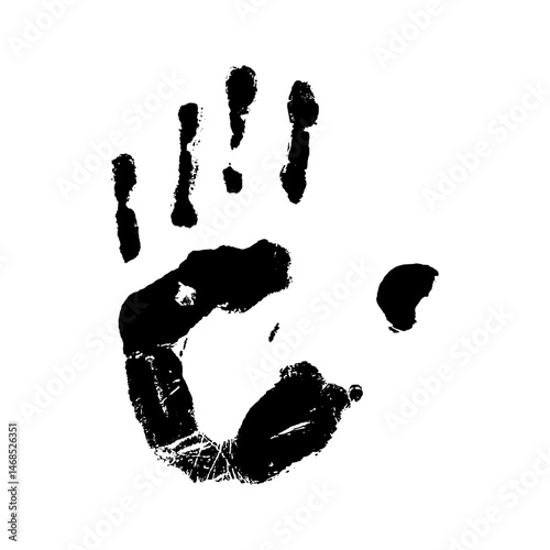 Handprint watercolor black grunge element on white background.Texture brush hand on paper.Abstract design of female hand.Lalon stop sign hello,fingers.Fashionable modern style.Print for textiles