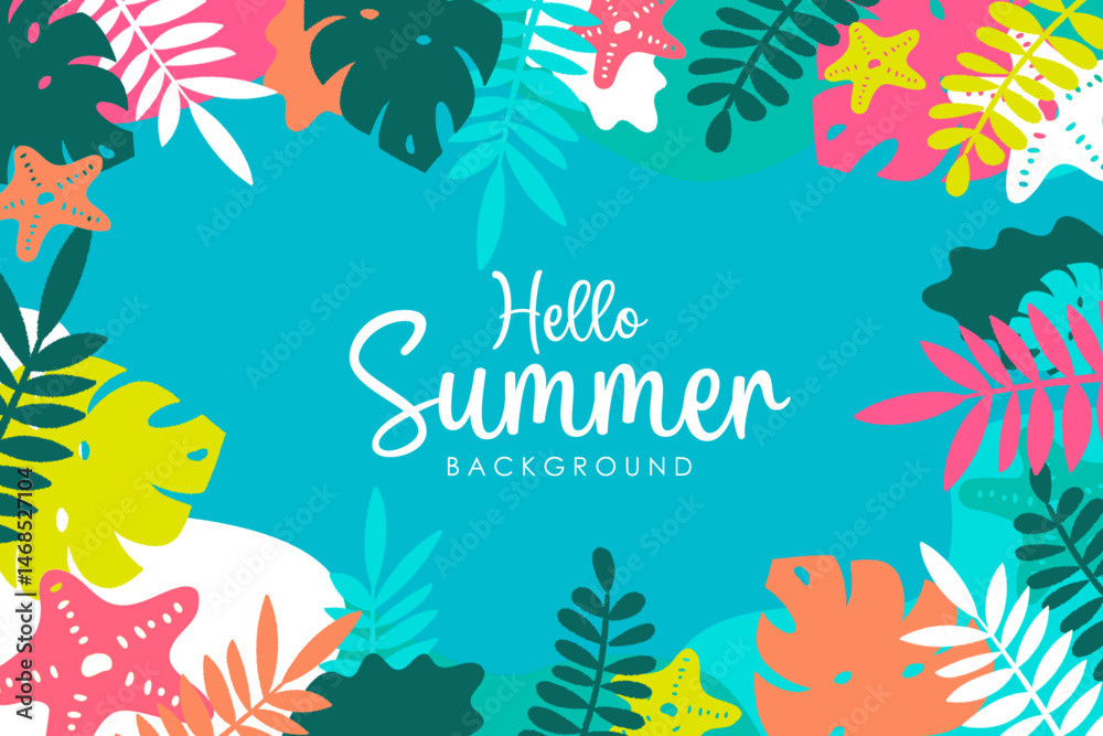 Naklejka premium Bright tropical summer background with colorful leaves and starfish, perfect for seasonal banners or invitations. Hello summer 2025 floral background. 