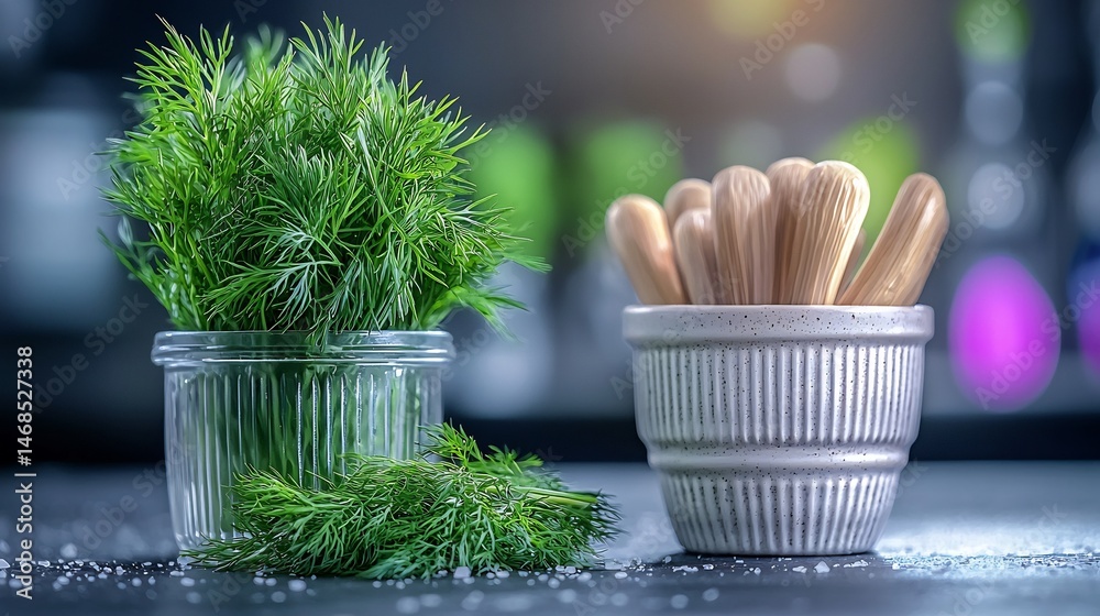 Naklejka premium Fresh dill sprigs in glass container and wooden utensils on a countertop