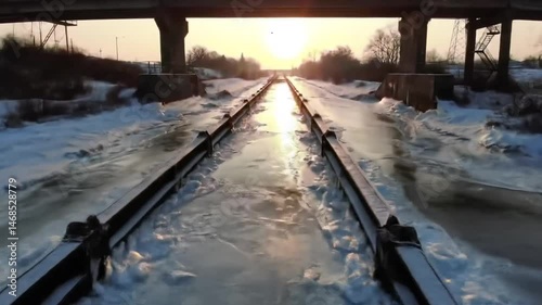Wallpaper Mural Winter's icy grip Sunrise over frozen canal locks with bridge Torontodigital.ca