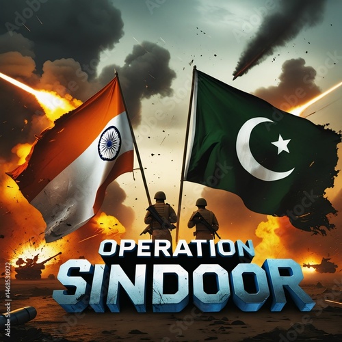 Operation Sindoor poster with missiles and blasts in the background, india vs pakistan war