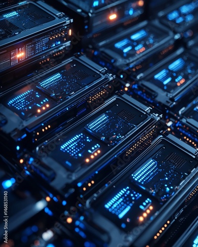 Glowing Blue and Orange Modular Server Units Close-up