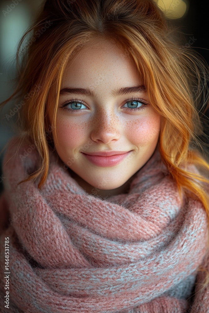 Smiling redhead girl with cozy scarf. Smiling redhead girl with cozy scarf.