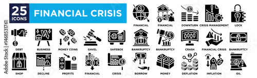 Financial crisis icon collection set. Containing design ,Financial ,Financial ,Downturn ,Crisis Management ,Lock