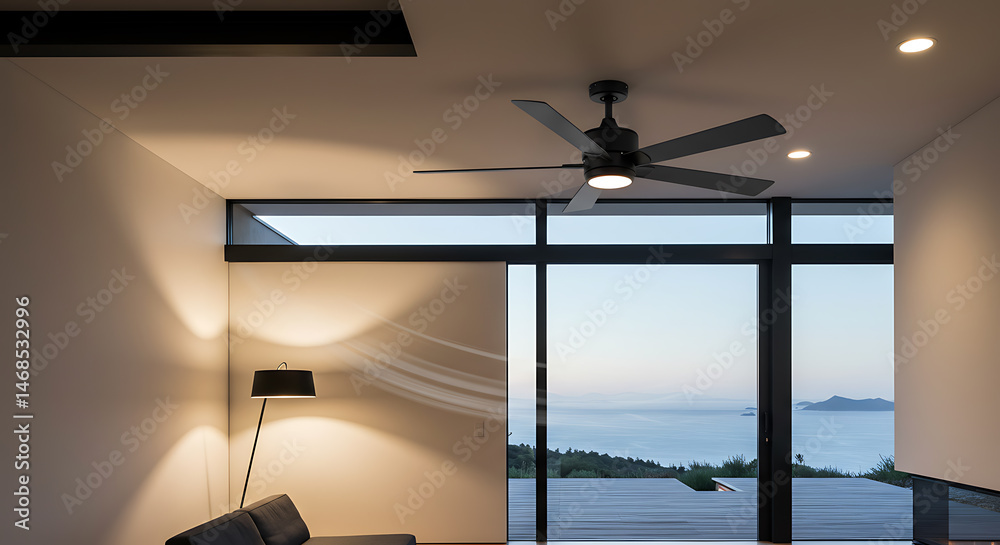 Modern Living Room with Ceiling Fan and Ocean View