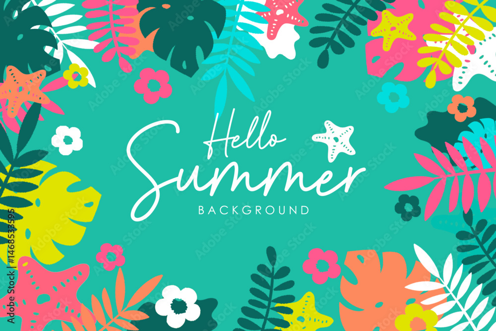 Naklejka premium Fun and vibrant 2025 summer foliage illustration with tropical flowers and beach vibes. Colorful summer floral background with exotic leaves and flower. Hello summer 2025
