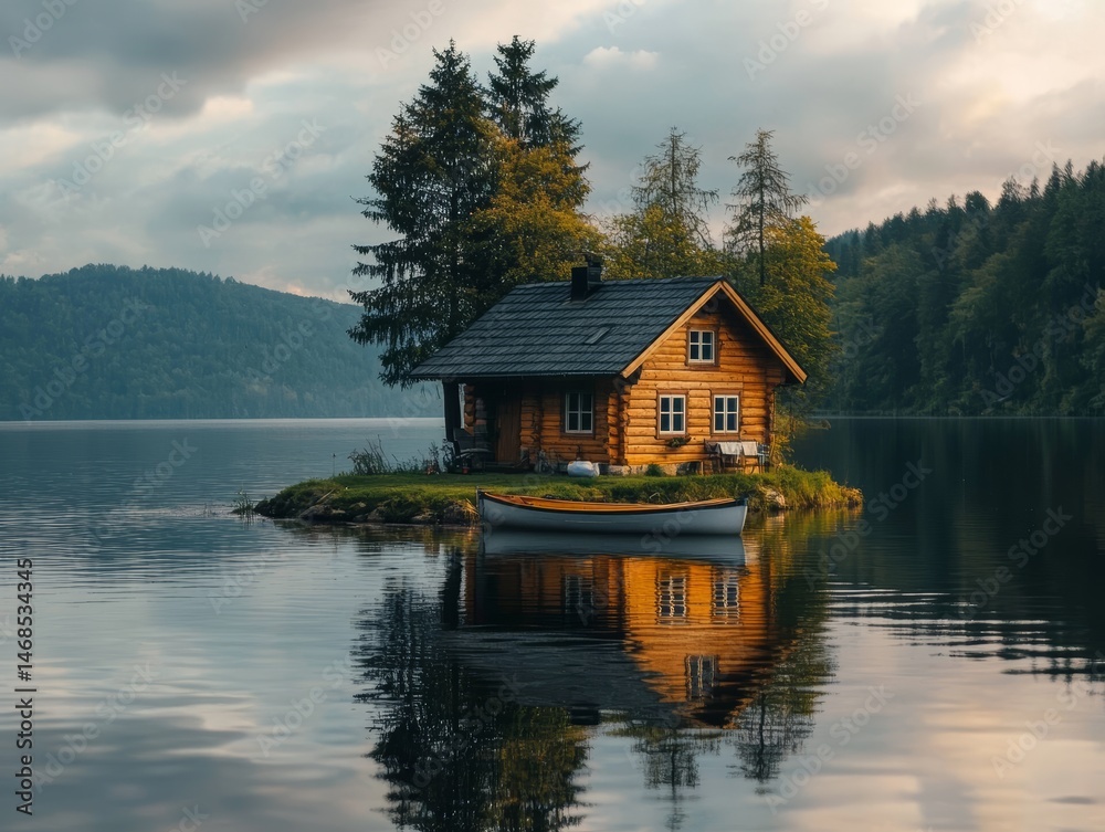 Obraz premium Secluded Lakefront Log Cabin Retreat Tranquil Nature Escape Serene Waters Wooden House