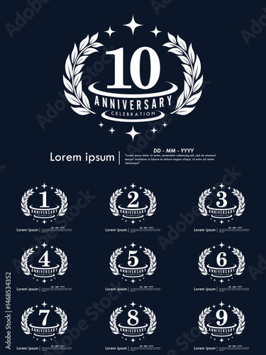 Set of 1st-10th years anniversary celebration emblem. congratulations anniversary logo isolated with laurel wreath and stars on Black background. vector illustration template design