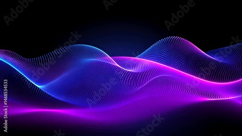 Glowing blue and magenta particle waves undulate across a dark void, evoking digital flow and futuristic energy