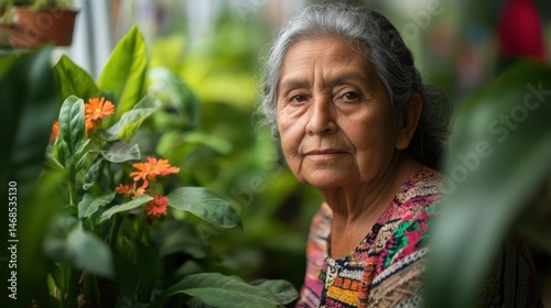 Elderly Woman Surrounded by Vibrant Greenery and Colorful Flowers in a Lush Indoor Garden Setting Capturing Serenity and Wisdom in Nature