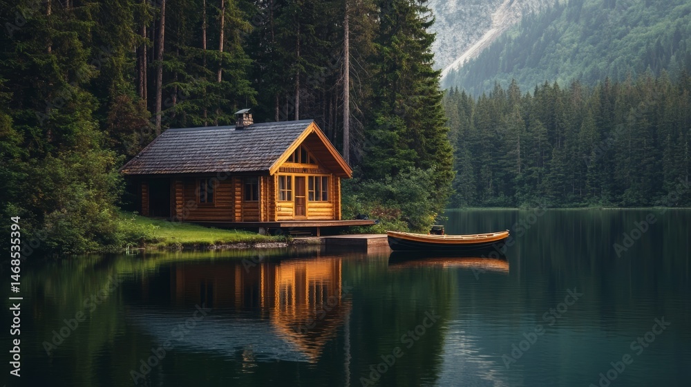 Fototapeta premium Secluded Wooden Cabin by Tranquil Lake in a Majestic Forest