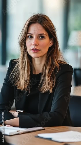 Professional woman in office setting, focused expression