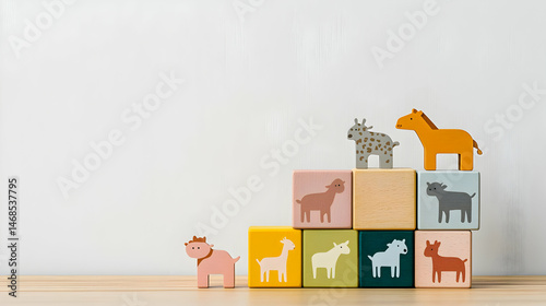 Colorful Wooden Animal Blocks on Stacked Blocks