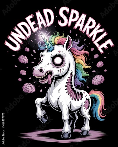 A whimsical illustration of an undead unicorn exuding a peculiar, fantastical charm