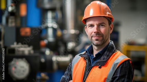 Professional male worker in safety gear stands confidently in industrial workshop with machinery in background, showcasing commitment to safety and efficiency.