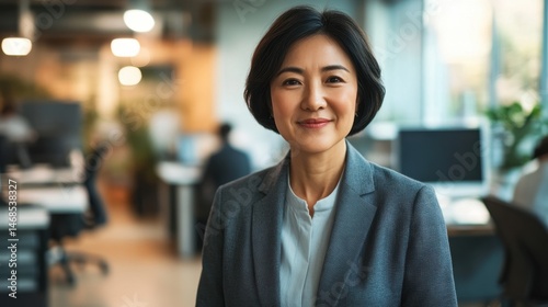 Professional Asian woman in business attire smiling confidently in modern office environment with coworkers working in background and natural light streaming in