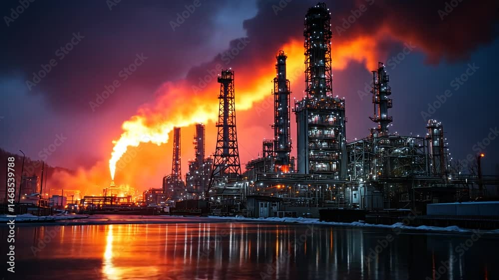 billows of smoke rising from tall buildings, reflected in the frozen waters. This scene is a powerful image of industrial activity and its potential impact on the environment. billows of smoke rising from tall buildings, reflected in the frozen waters. This scene is a powerful image of industrial activity and its potential impact on the environment.